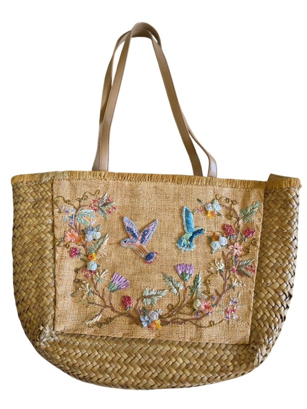 Vintage Woven Straw Tote Bag Hummingbird Floral Embroidery Beaded GUC 14.5"